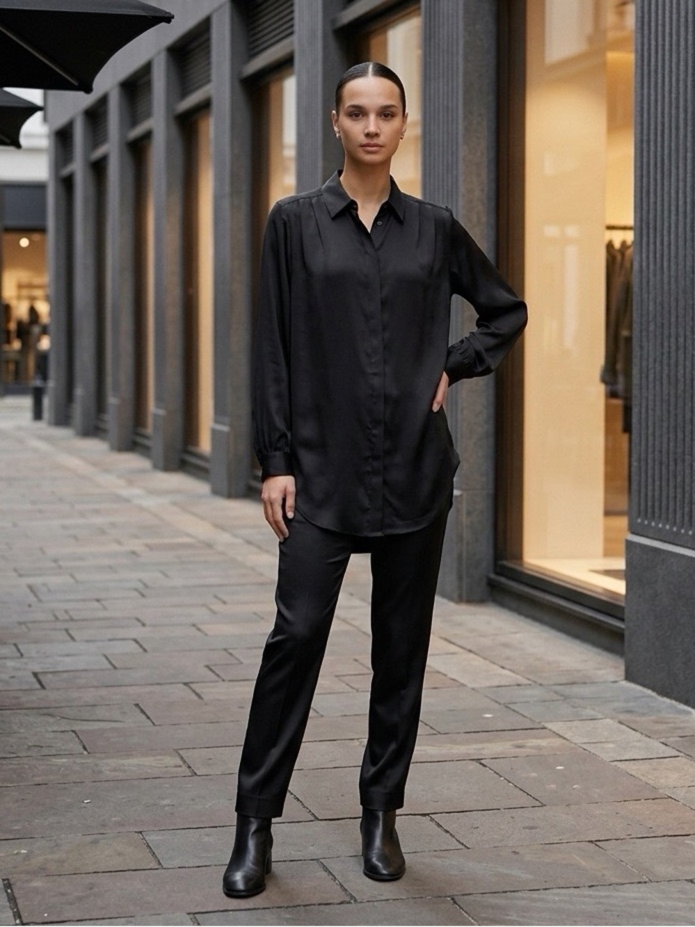 NWT Express Black Satin Look Tunic Blouse Hidden Button Long Sleeve XS